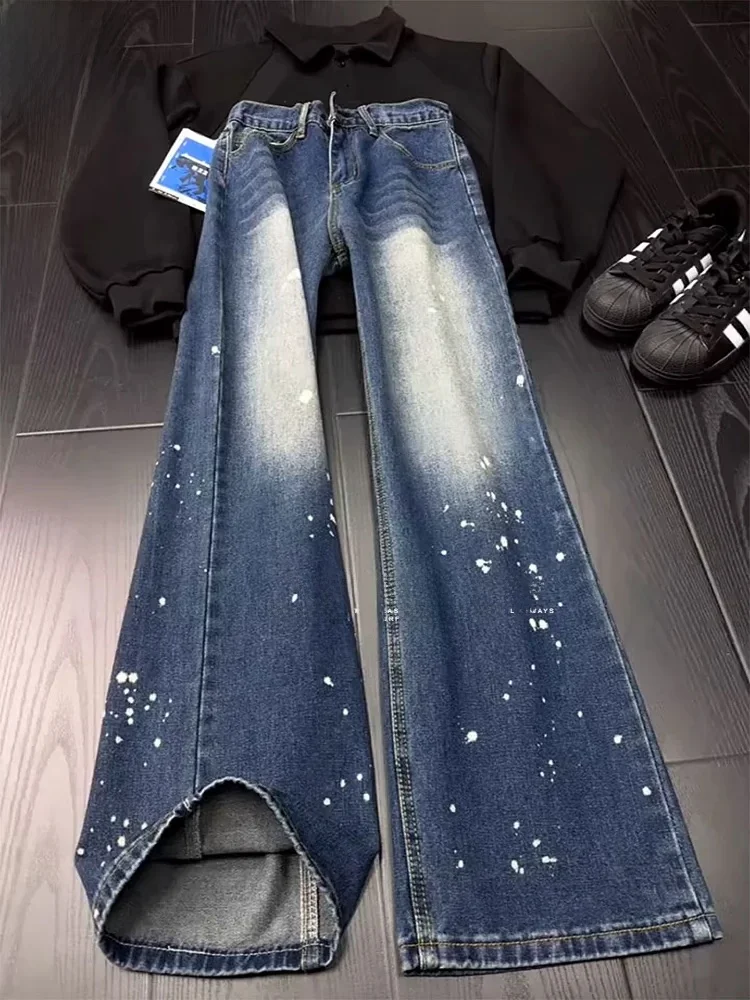 

Deep Blue Splashed Ink Bell Bottom Men's Jeans American High Street Design Cleanfit Knife Straight Leg Denim Pants