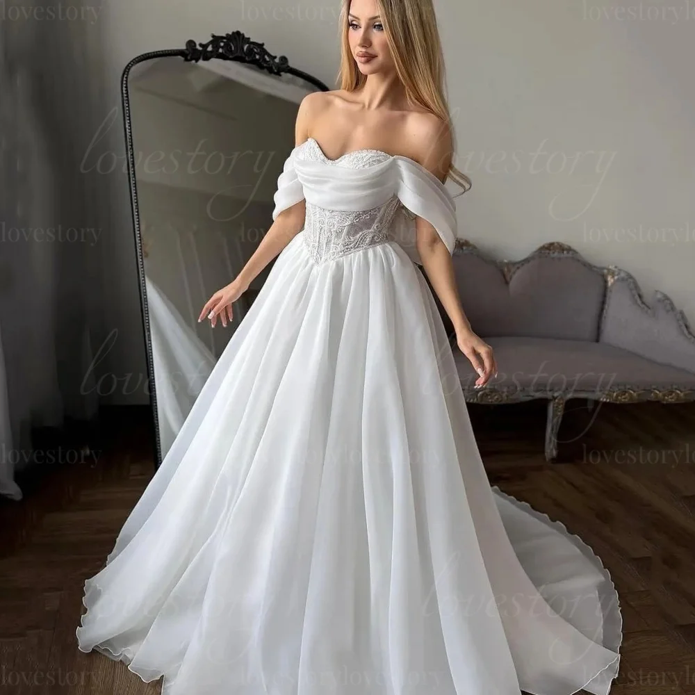 맞춤형 A라인 우아한 신부 가운 오프숄더 스위트하트 웨딩 드레스 튤 레이스 신부 드레스 웨딩드레스