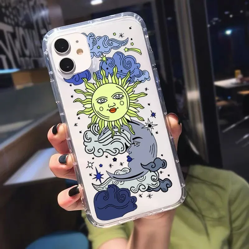 JAMULAR Fashion Art Sun Moon Clear Phone Case For iPhone 13 12 11 14 15 Pro XS MAX SE 7 XR Plus Shockproof Soft TPU Cover Coque
