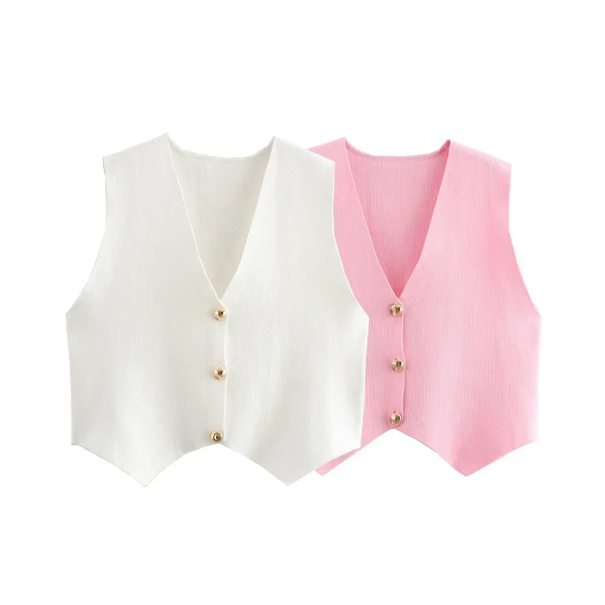 Women's 2024 new fashion gold button decoration casual short knitted vest retro V Neck sleeveless women's vest chic top