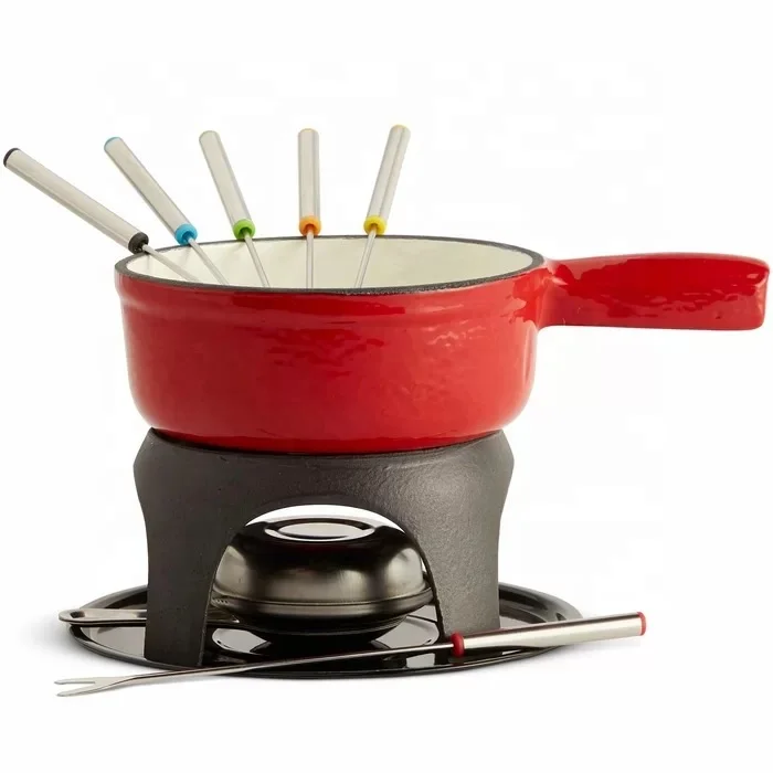 

Hot Selling Enamel Hot Pot Cast Iron Fondue Pot 6 Fondue Forks Chocolate Cheese Fondue Set