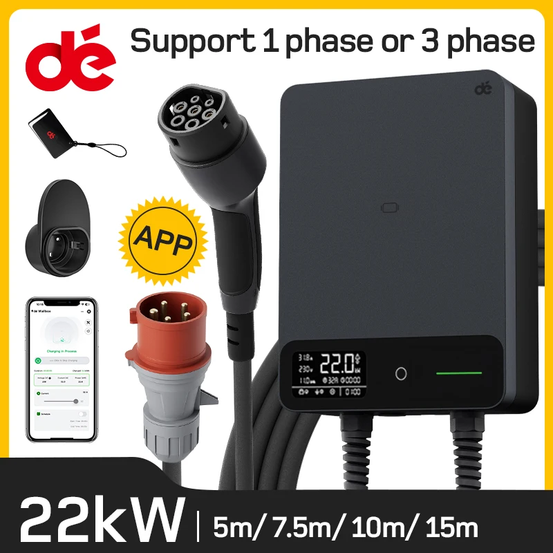 dé 22kW Wallbox Typ 2 mit Tuya Smart App, 32A 3-Phasen EV-Ladestation, EVSE Elektroauto-Ladegerät, RFID-Kartensteuerung, 5m, 7,5m, 10m, 12,5m, 15m Kabeloption