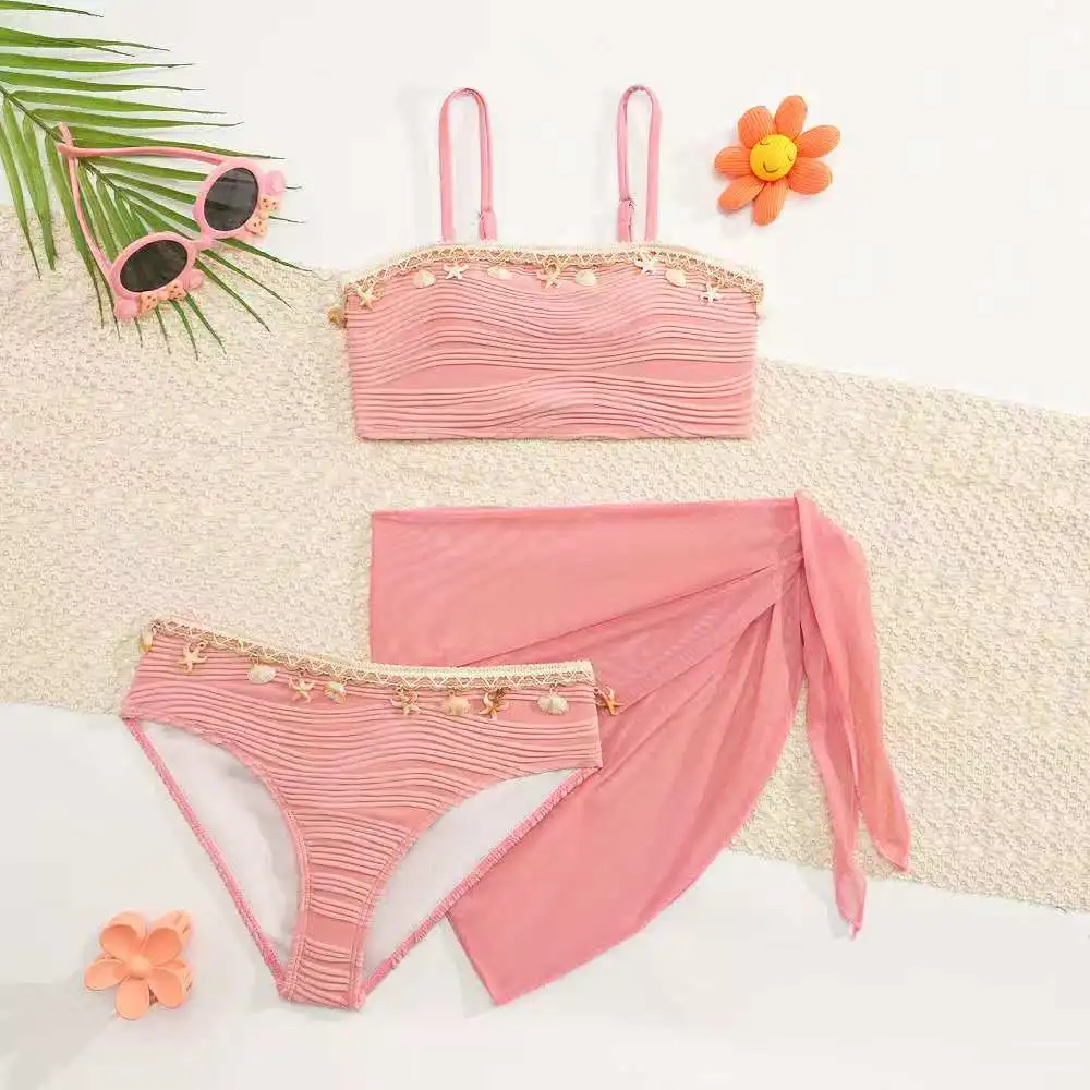 2026 Strappy Girls Swimsuit 3 Pieces Bikini & Skirt Bandeau Kids Swimwear Female Children's Bathers Bathing Swimming Swim Suit - view 5