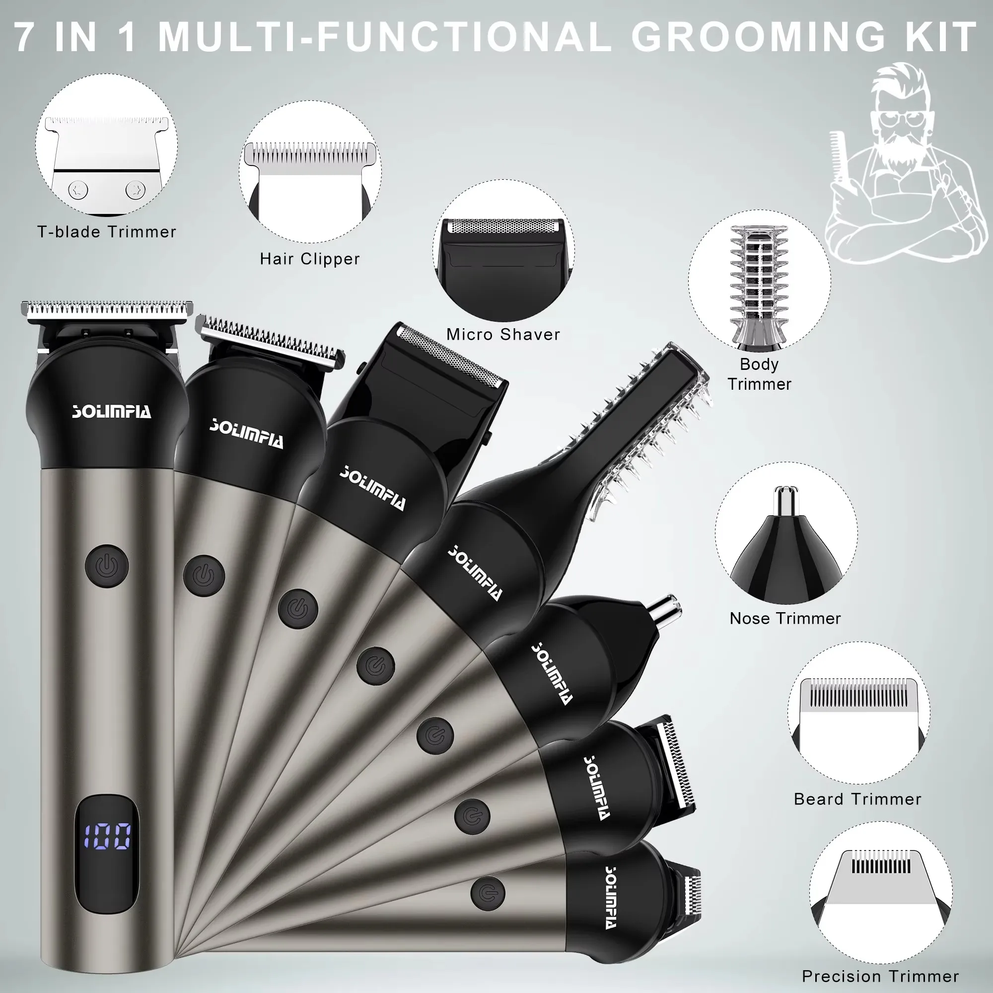 Hatteker All-In-One Hair Trimmer Set for Men - Electric Barber Haircut Machine with 7 Changeable Blades Body & Nose Trimmer