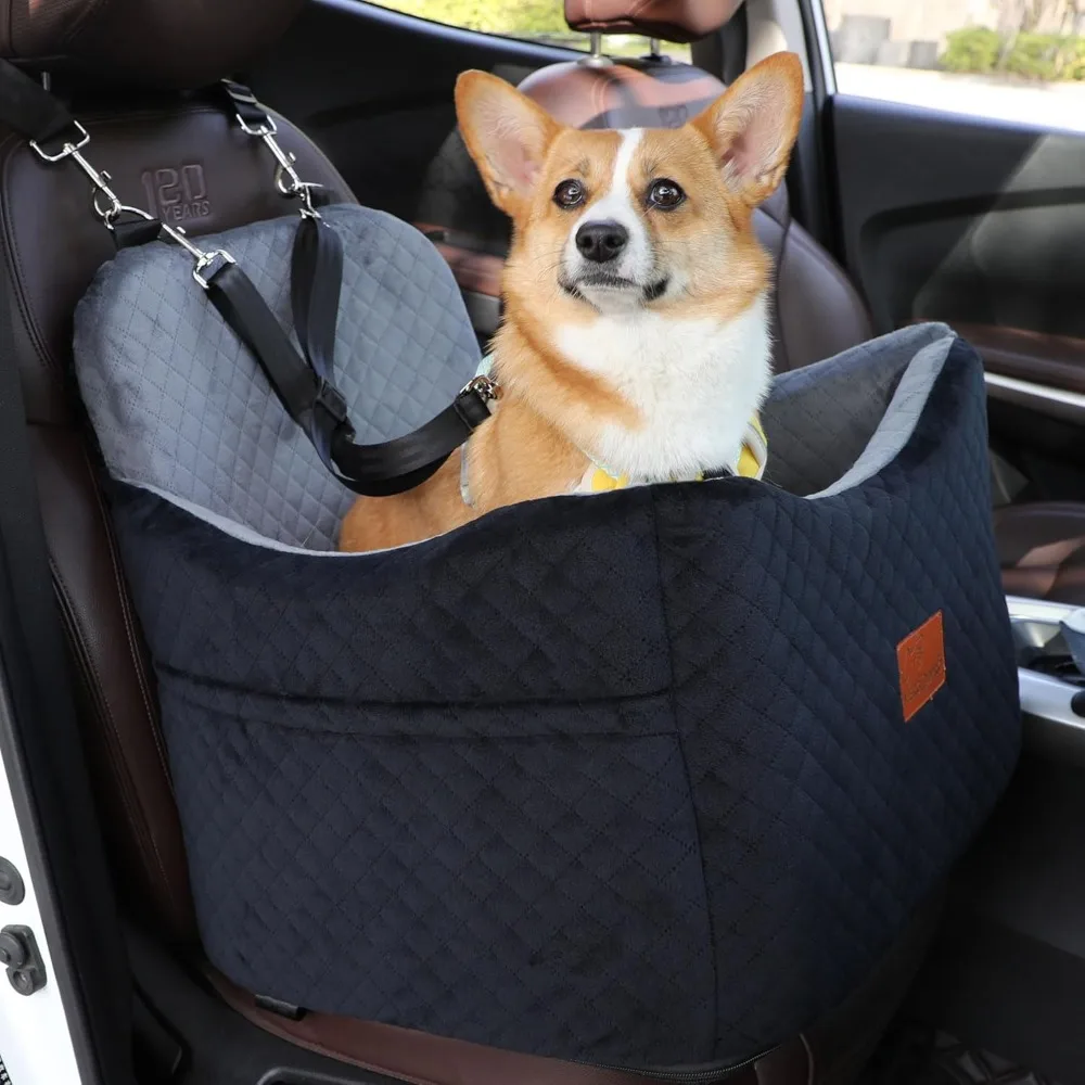 

Dog Car Seat for Small Medium Dogs-Safety and Comfy Pet Booster Carseats with 2 Clip-On Satebelt & Storage Pockets,Washable and