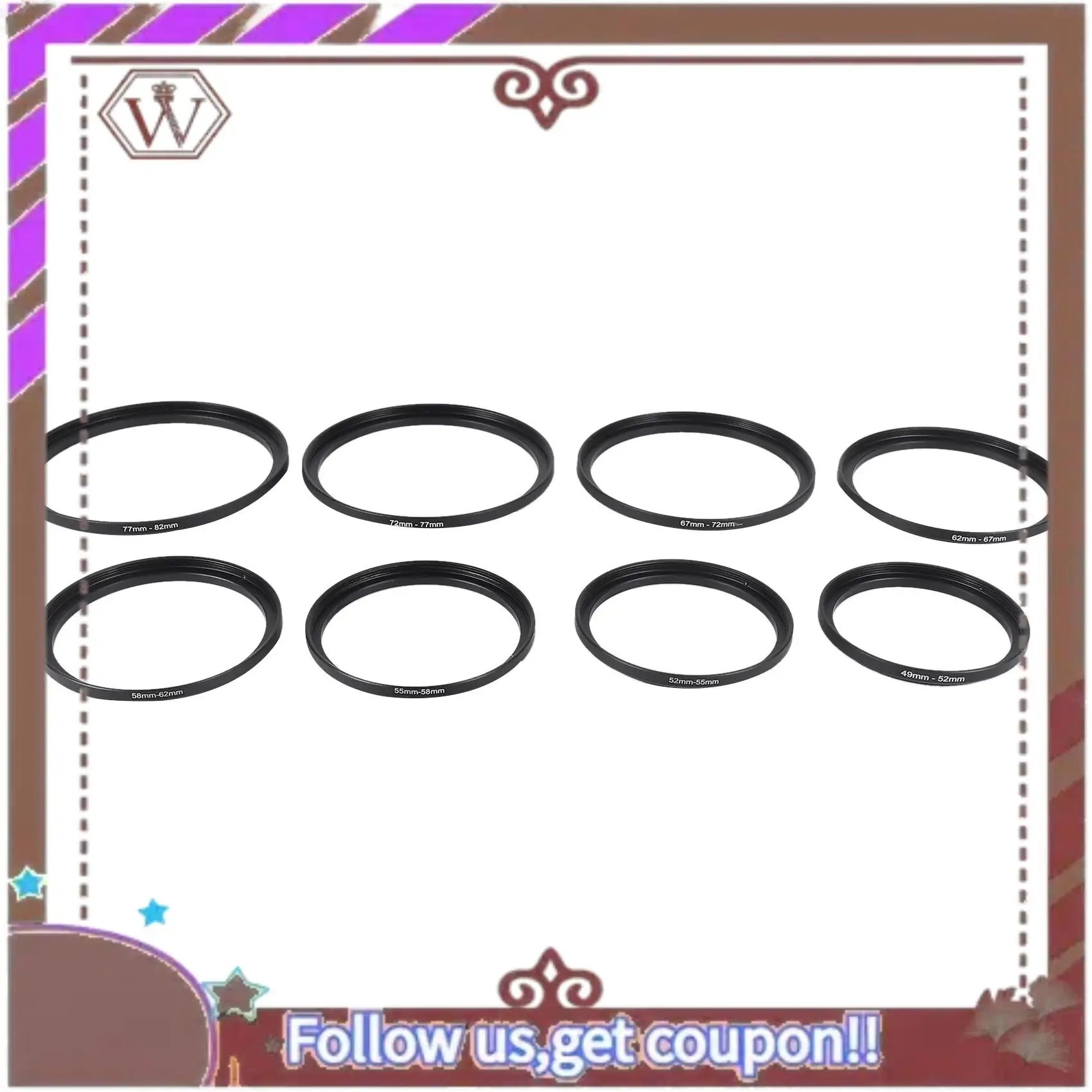 ABBG-8 Pieces Step-Up Adapter Ring Set,Includes 49-52Mm, 52-55Mm, 55-58Mm, 58-62Mm, 62-67Mm, 67-72Mm, 72-77Mm, 77-82Mm-Black