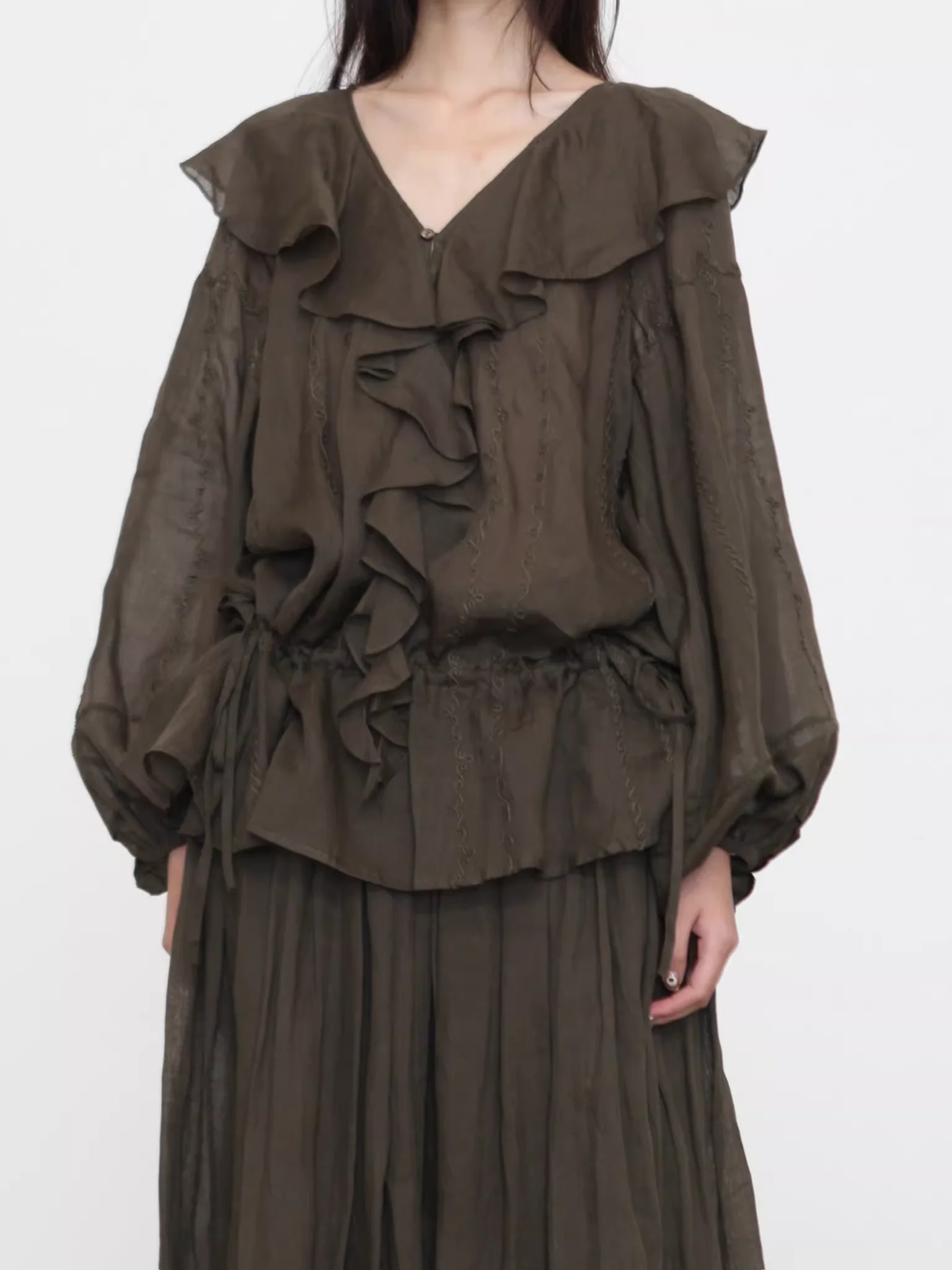 

Ele Embroidered Linen irt with Stand Collar And Long Sves Vintage Design Sensation Full of Royal Aosphere Women's Top