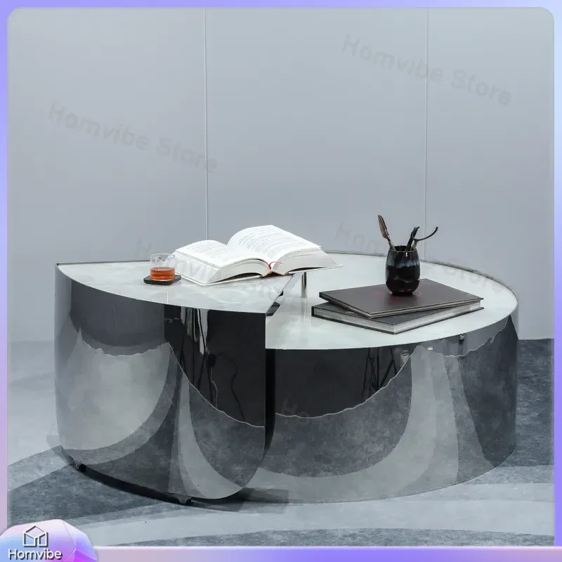 Modern Round Coffee Table with Tempered Glass Top and Marble Steel Base Rotating White Tabletop 100cm Diameter Living Room