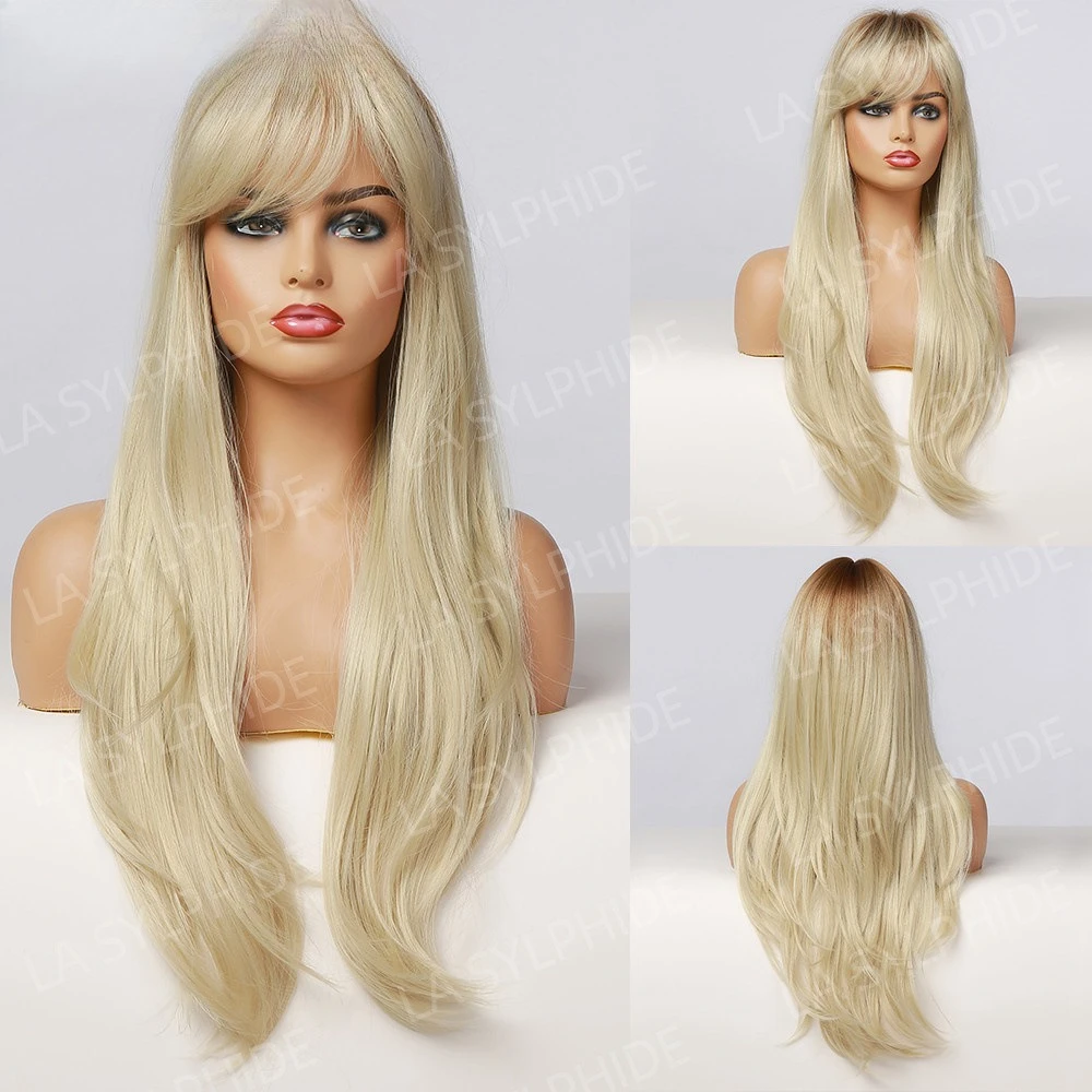 

European and American wigs women's eight-character bangs hair brown gradual change gold high temperature silk wigs headgear stra