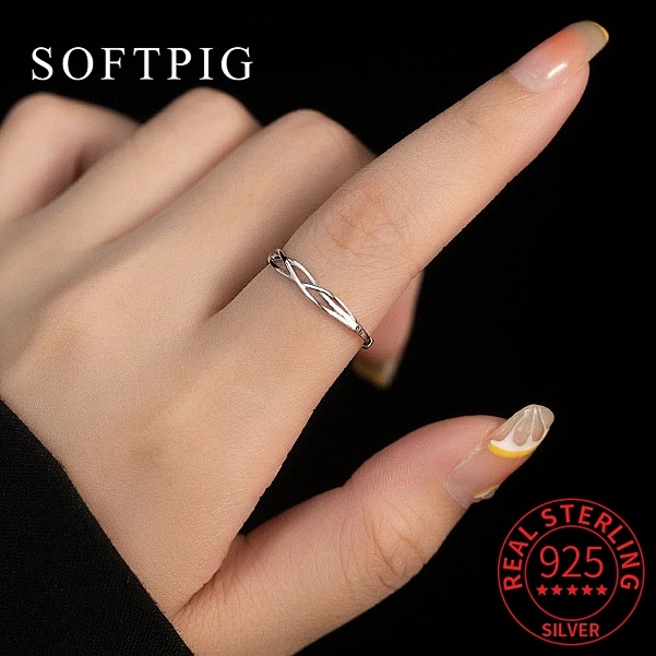 Soft pig Real 925 Sterling Silver Cross Line regulowany pierścionek dla kobiet impreza klasyczna biżuteria minimalistyczna akcesoria