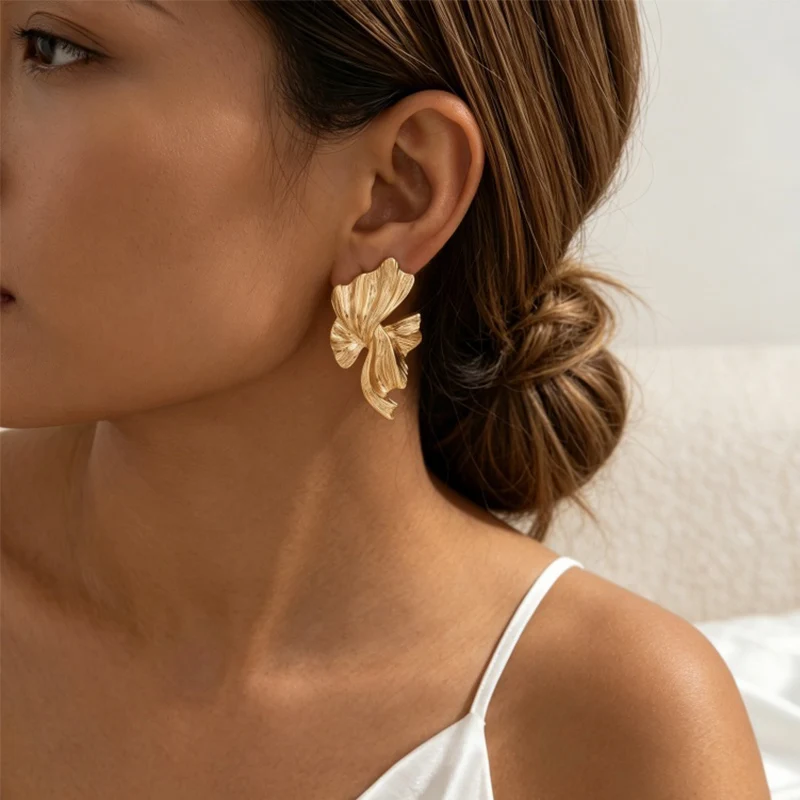 Gold Color Abstract Wave Earrings Textured Leaf Statement Studs For Women Everyday Wear, Parties & Date
