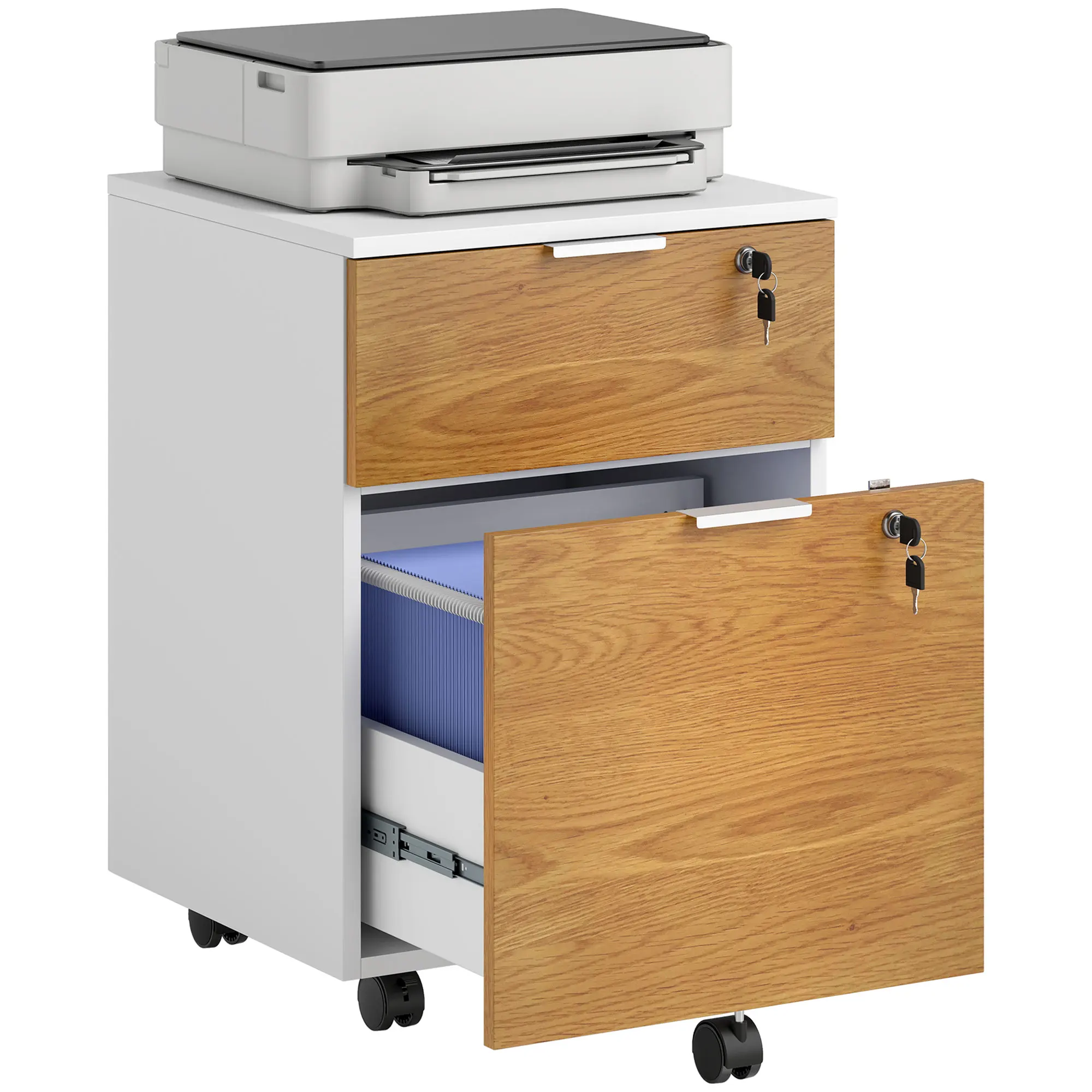 Homcom Cajonera De Oficina Con 4 Ruedas 2 Cajones 42X40X60 Cm Blanco Y Natural-image