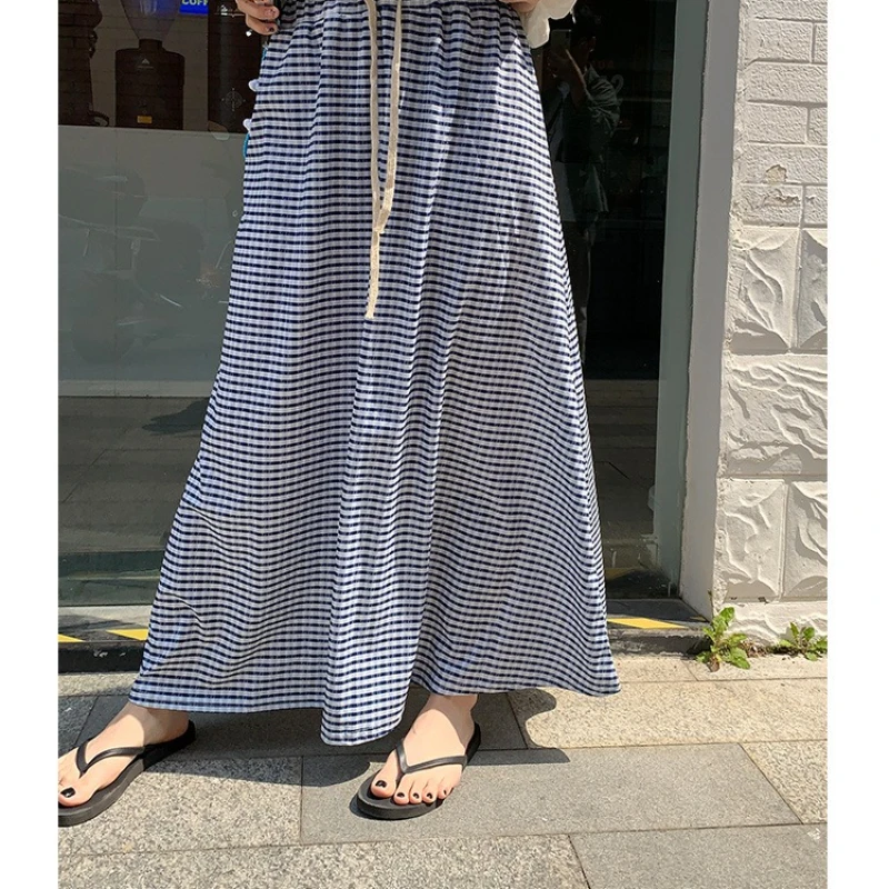 Simple Blue Skirt Casual Retro Plaid Drawstring Elastic Half Skirt for Women Women's Clothing Korea Stylish 2025 New Long Skirt