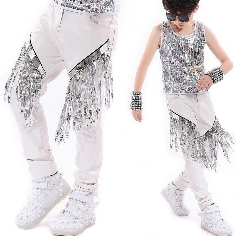 

2024 Jazz Dance Drum Show Tassel Silver Sequin Pants For Boys Street Dance Wear Ballroom Hip Hop Dance Stage Clothing DN18355