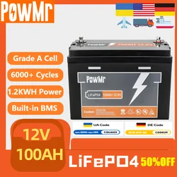 PowMr LiFePO4 12.8V 100AH Lithium Battery MPPT 20A /60A Solar Controller BMS 4 Parallel Series  Lead-acid Energy Storage Battery