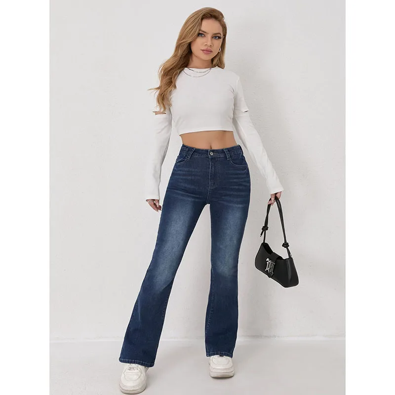 Hot Sale Lady High Waist Thin Flared Jeans Girls Stretch Euro American Slim Fit Pants Women Fashion Vintage Blue Trousers