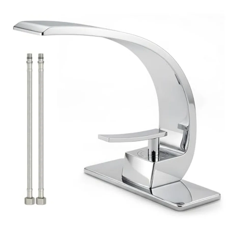 Grifo de Lavabo Moderno de un Solo Orificio, Grifo Monomando Cromado de Latón Sólido, Grifos Curvos para Lavabo, Grifo Mezclador