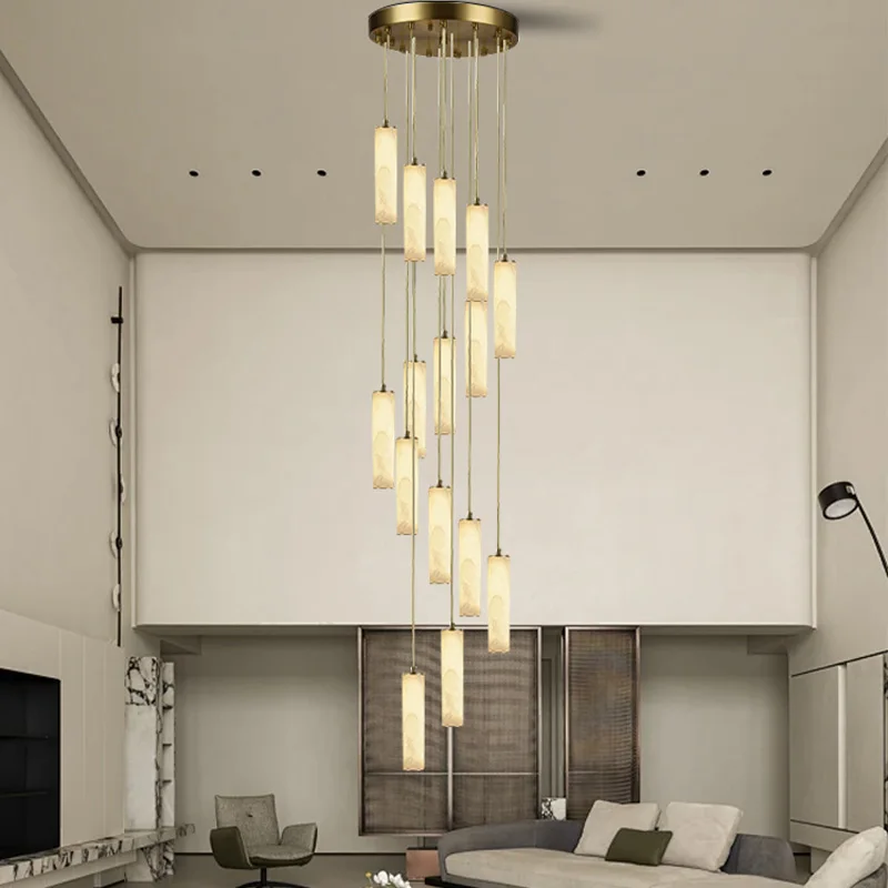 

Modern LED ceiling chandelier for living room with adjustable height, brass lustre, lucite shade Home interior lighting