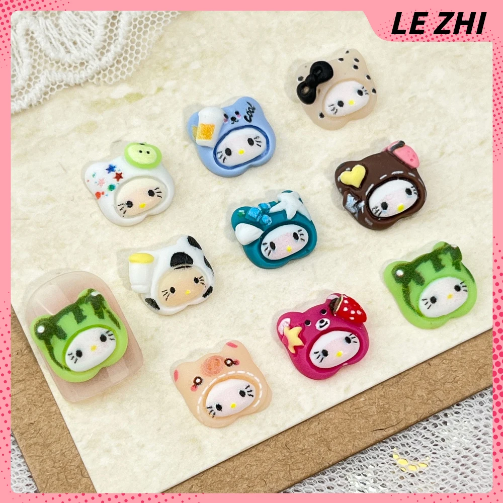 20Pcs Cute Hello Kitty Hat Cross Dressing Nail Accessories Cartoon Pig Bear Apple Strawberry Watermelon Milk Resin Nail Decora
