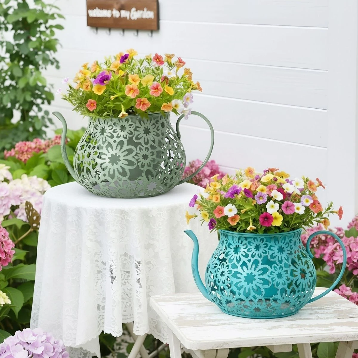 Kettle Flower Pot Retro Metal Hollow Carved Planter Flower Vase Succulents Herbs Plant Pot Garden Accessories Home Decoration