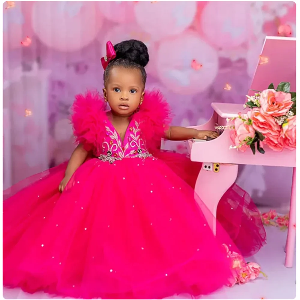 New Flower Girl Dresses baptism Crystals Beaded Tulle Tiered Dress for Wedding First Birthday Party Communion Gowns