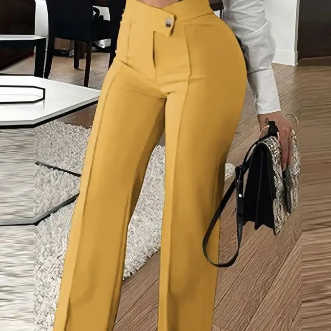 الخريف والشتاء السراويل النساء 2025 موضة تنوعا عادية مثير بأزرار مستقيم واسعة الساق العمل بنطلون ملابس الشارع الشهير