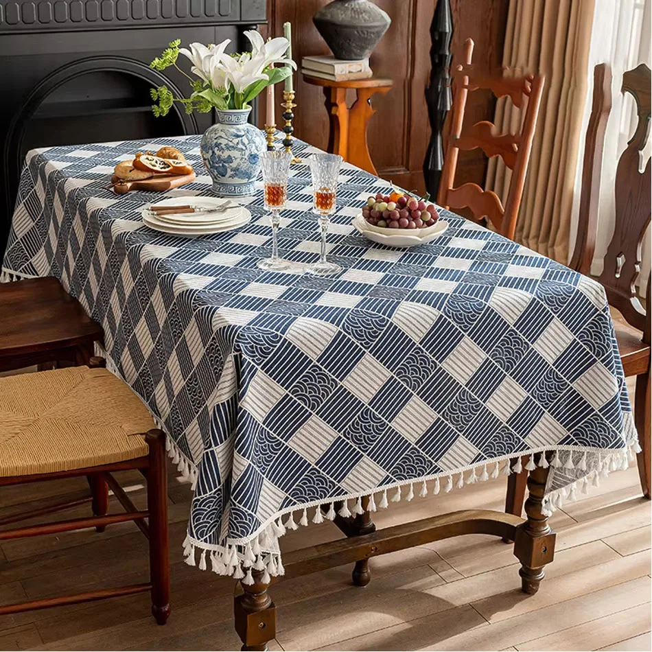 Tischdecke aus Polyester-Leinen mit Quastenrand, rechteckige, staubdichte Tischdecke, für Küche, Esszimmer, Couchtisch, Heimdekoration