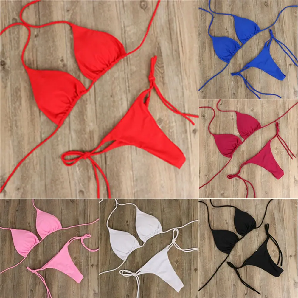 

Fashion Solid Color Sexy G-string Thong Backless Split Bathing Suit Swimsuit Brazlian Swimwear Bikini Set