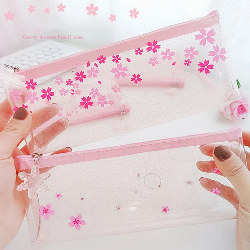 Sakura Pencil Cases For Girls Kawaii Stationery Pencil Bag Estuches Escolar Transparent Pen Case School Supplies Pencilcase