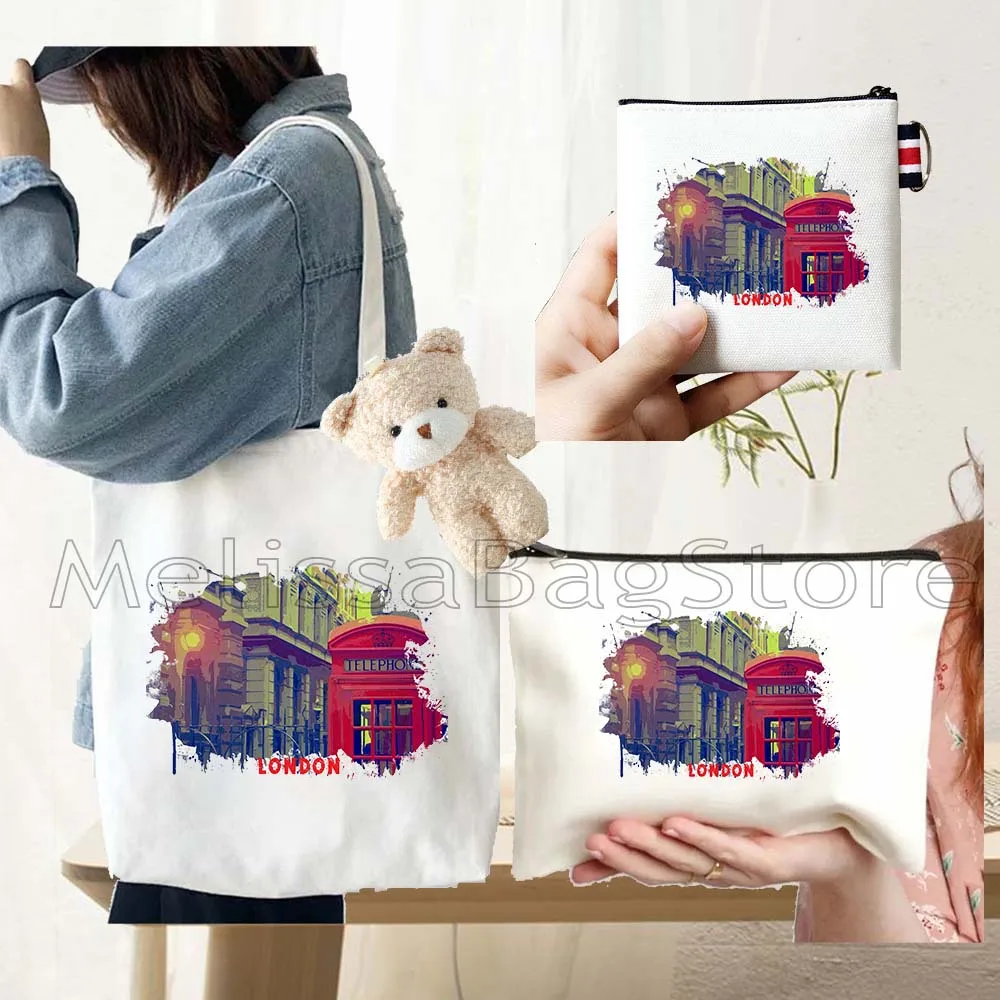

4PCS Gifts Set London City White Canvas Tote Bag Handbag with Doll Key Coin Purse Cosmetic Makeup Toilet Bag Case Pouch