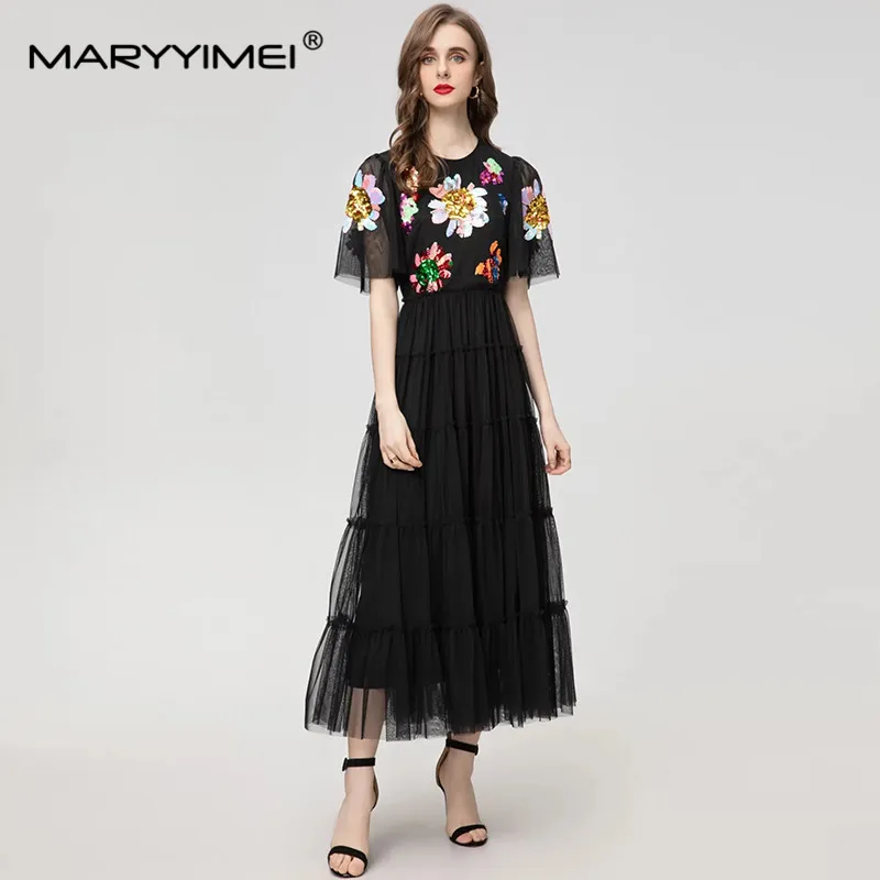 MARYYIMEI-Robe mi-longue à manches courtes et col rond pour femme, patchwork de paillettes, maille, oreille en bois, vintage, nouvelle mode