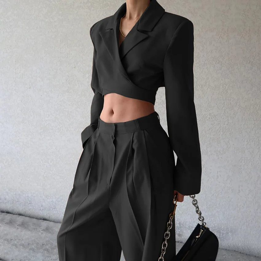 Long Sleeved Short Suit Jacket, High Waist Casual Wide Leg Pants Set, 2025 Design Sense, Temperament, Commuting