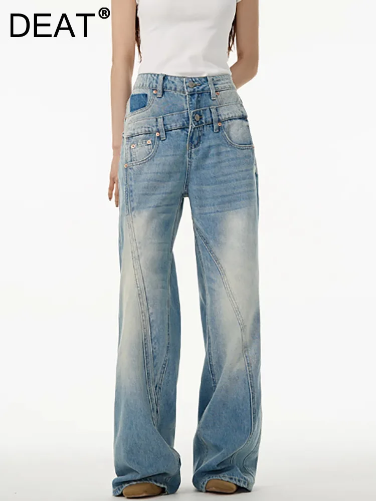 DEAT Fashion Women's Deconstruct Jeans Double Waistband Pockets Spliced Floor Straight Denim Pants Spring 2025 New Tide 7AB6968