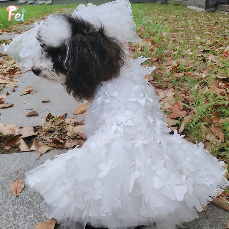

Handmade Pure White Princess Wedding Dress for Small to Medium Dogs Lace Flower Detail Poodle Puppy Fashion Pet Clothing