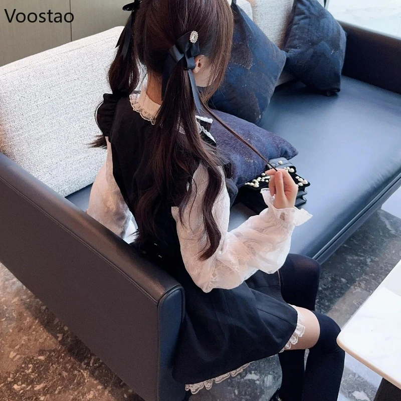 Robe Gothique de Style Japonais Y2k avec Nministériels d Lolita pour Femme, Vintage, Manches sulf, Faux Deux Pièces, Mini Robe de Soirée en Dentelle Mignonne, Patchwork