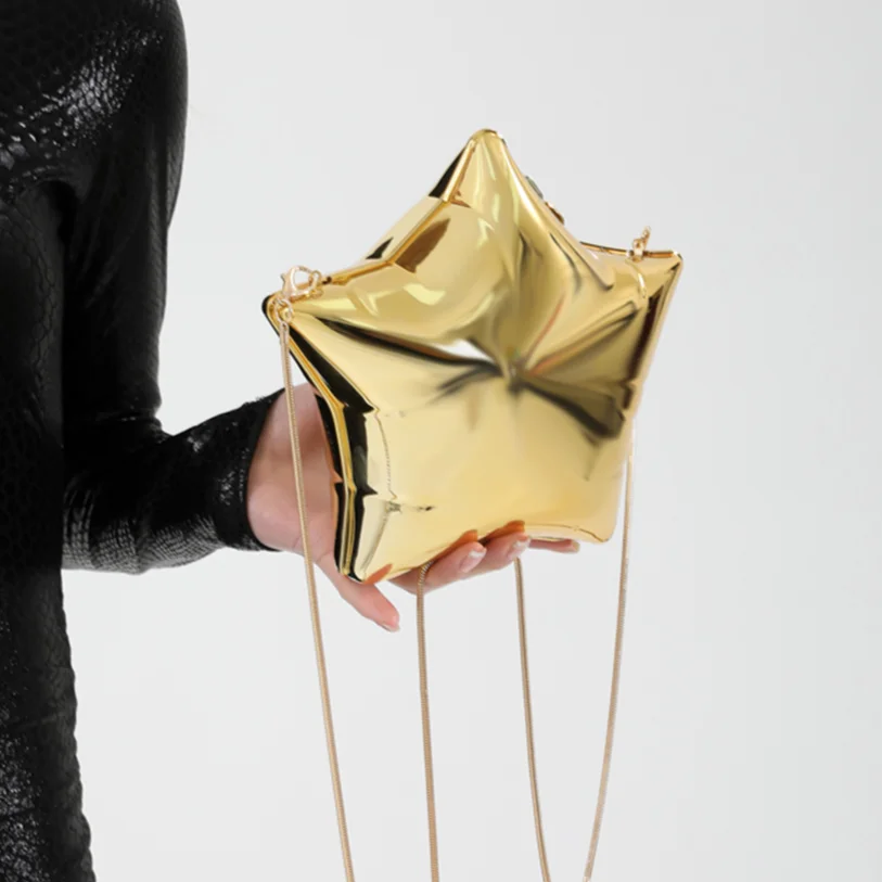 

2024 Niche Design Gold Chain Women Evening Bag Novelty Bright Face Five Pointed Star Shoulder Bag Funny Acrylic Party Clutch Bag