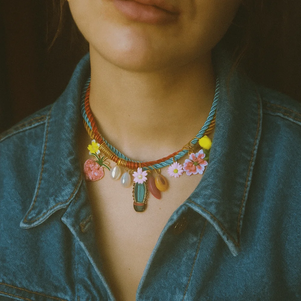 

Retro Ethnic Style Flower Pendant Necklace Strawberry Stacked Nylon Rope Necklace Necklace Set Fruit Multi Layer Necklace Girls