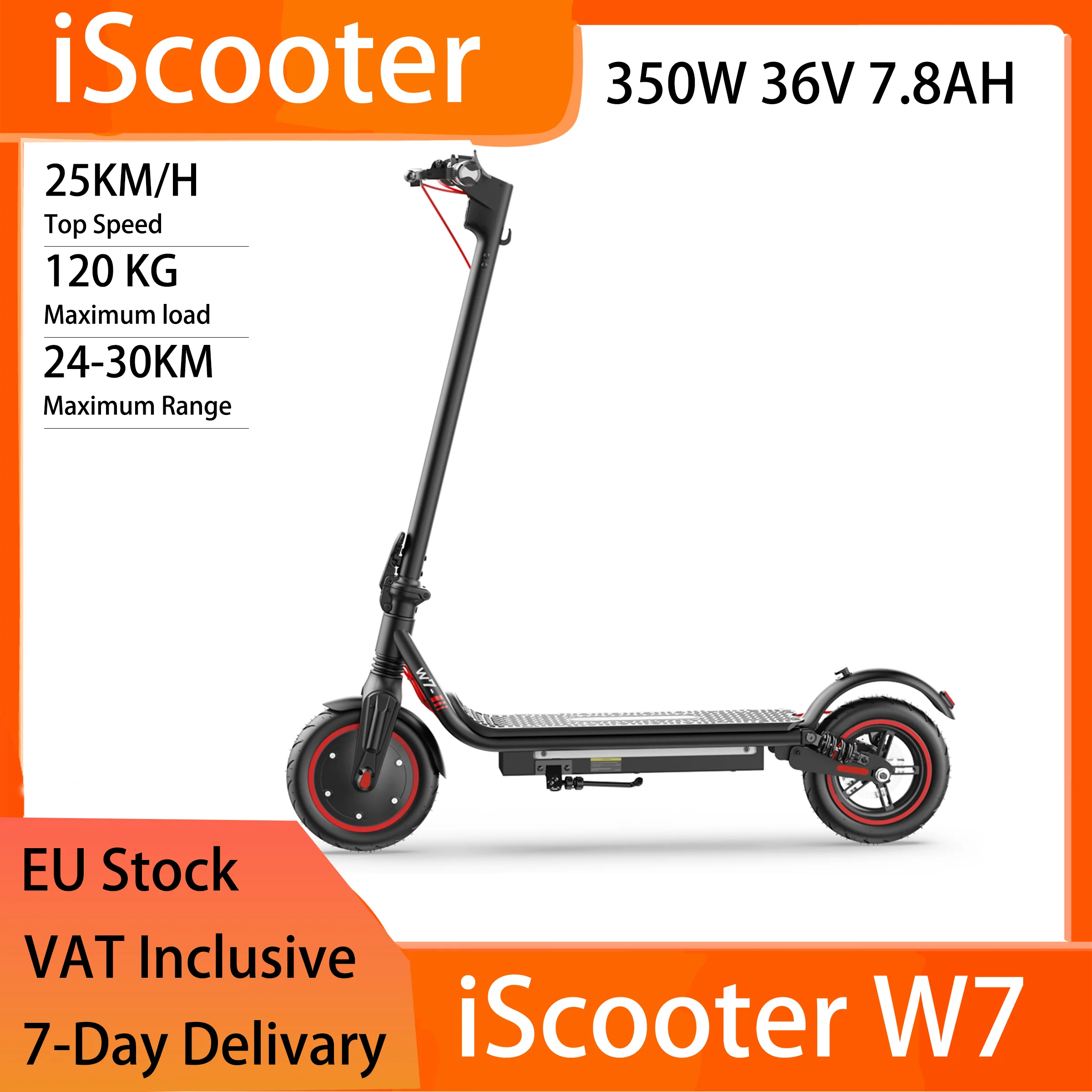 Scooter eléctrico plegable iScooter W7 de 8,5", 350 W 36 V 7,8 Ah, alcance de 25-30 km, 35 km/h, suspensión delantera/trasera, compatible con aplicaciones, negro