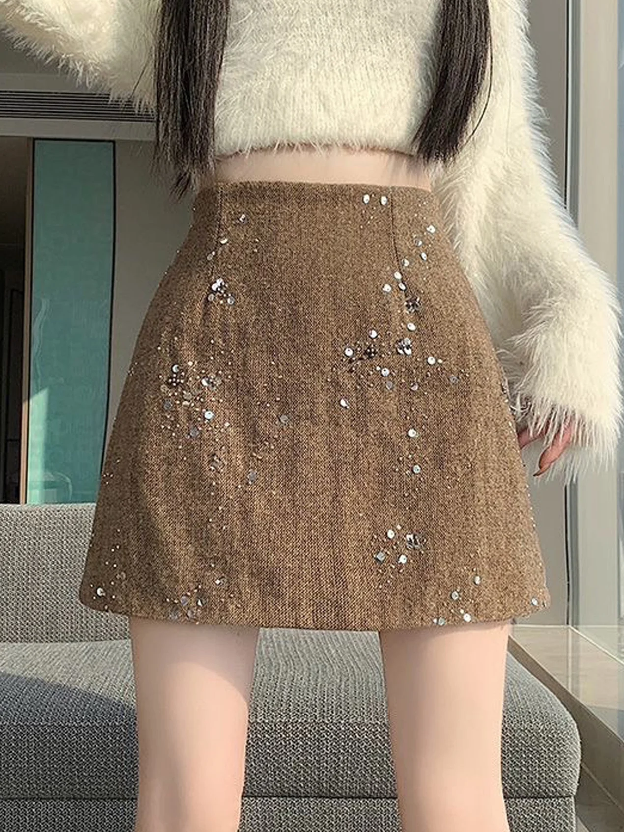 Korean Style High Waist Shiny Sequin Beaded Woolen  Skirt Women's Slimming Versatile A-Line Half-length Skirts