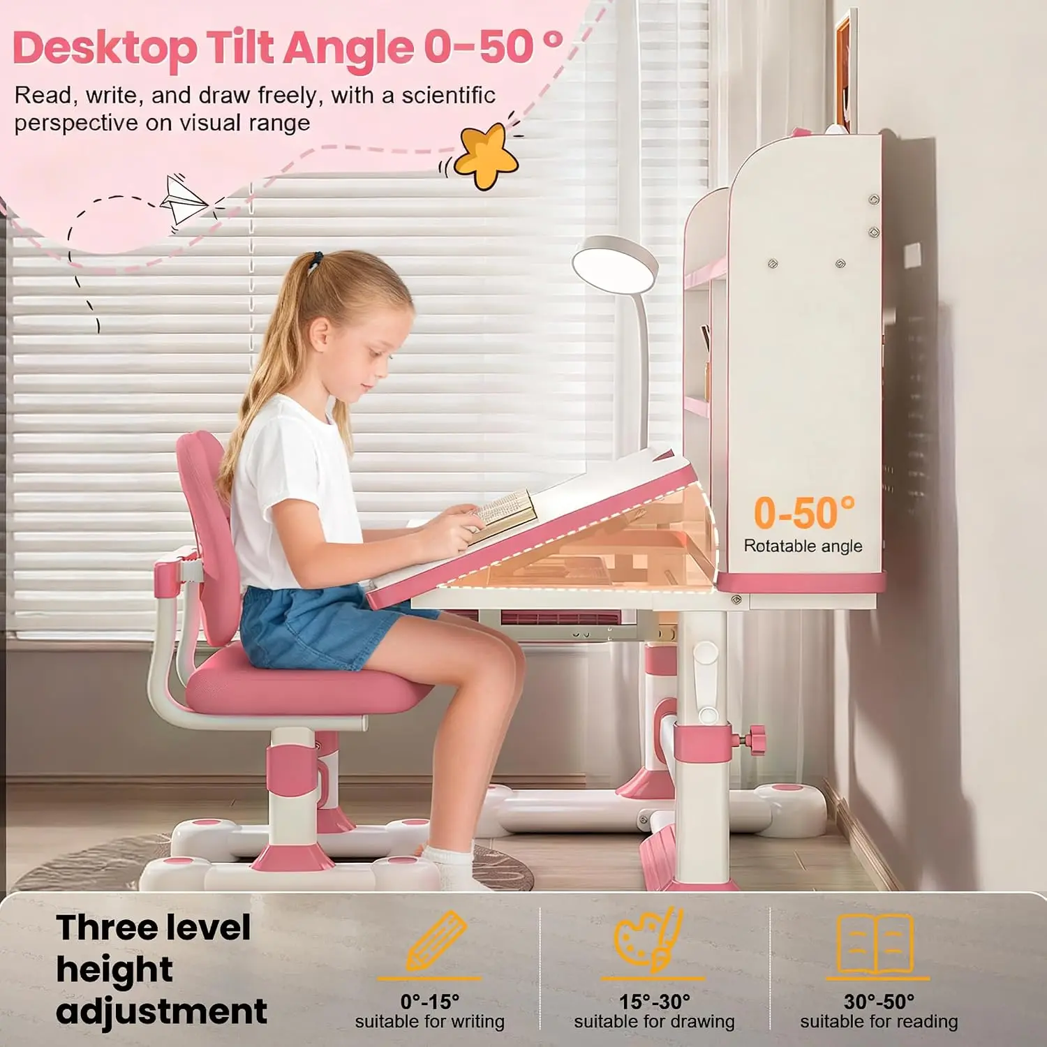 Height Adjustable Kids Study Desk Set Ergonomic Tiltable Desktop Crank Drawer Bookstand for Children 3-12, Customized image 5