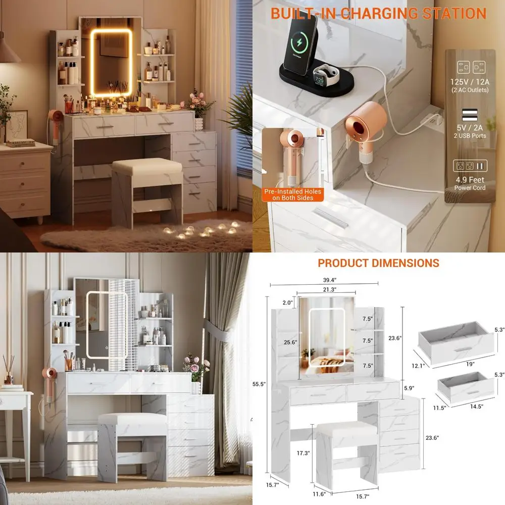 Adjustable 3-Color LED Makeup Vanity Desk with 6 Drawers, Mirror, and Charging Station - Large Storage for Beauty Essentials