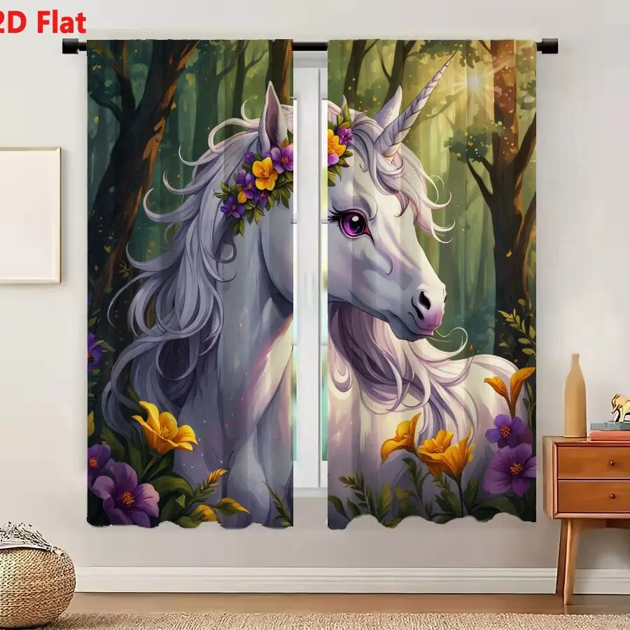 2Pcs Curtains 2D Flat Whimsical Illustrated White Unicorn With Spiraled Horn Silver Mane Crown Of Purple Yellow Flowers Large Pi