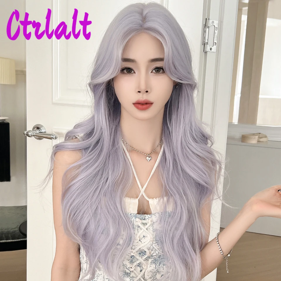 Long Gray Purple Wavy Synthetic Wig with Bangs Halloween Wigs for Girls Cosplay Party Lolita Heat Resistant Fiber