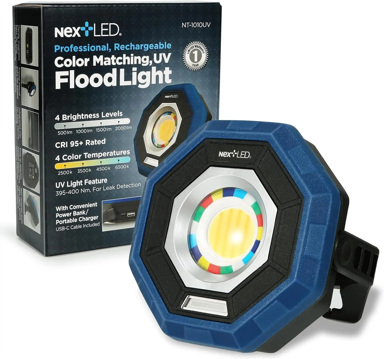 

Rechargeable LED Work Light with 4 Color Temps, UV & Magnetic Base - 2000 Lumen, IP65 for Mechanics