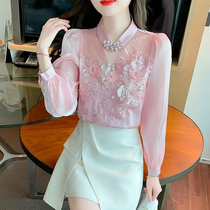 Women Satin Vintage Fashion Sequin Embroidery Elegant Blouse Spring Summer Sexy Sheer Mesh Patchwork Shirt Solid Chic Sweet Tops