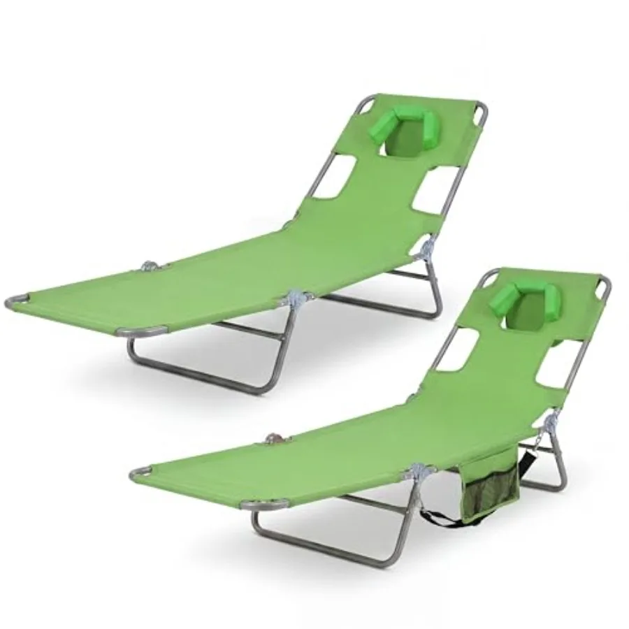 Sunbathing poolside tanning chair, durable polyester fabric, green, 330lbs capacity with face/shoulder/arm holes, adjustable ba