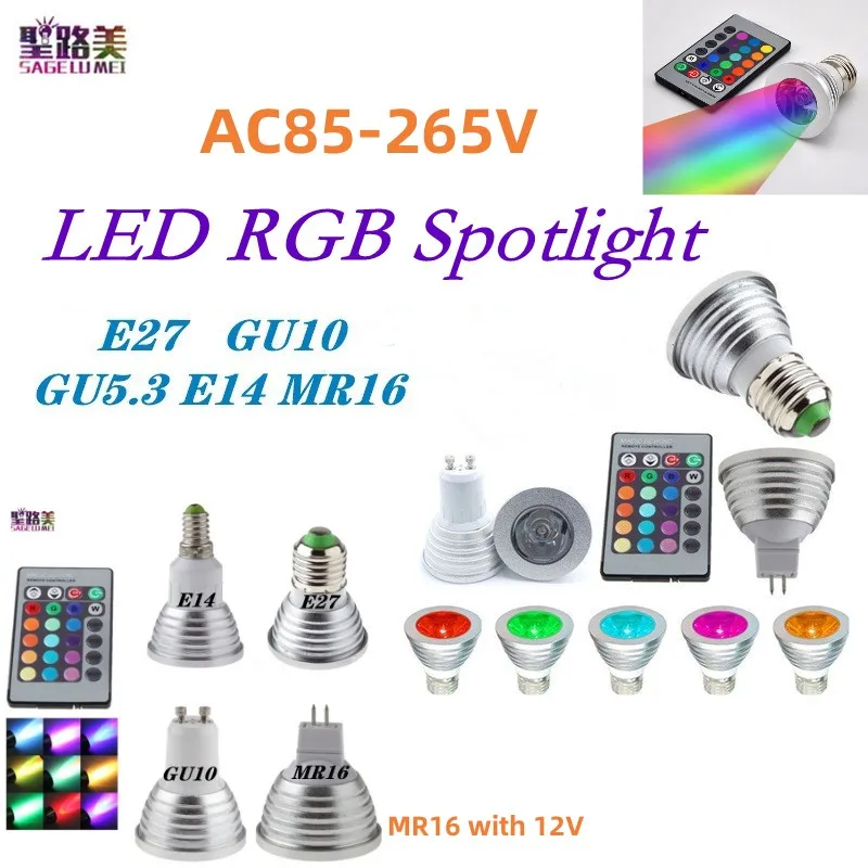 AC85-265V 12V MR16 E27 E14 GU10 GU 5,3 RGB Scheinwerfer 3W Dimmbare E27 Led-lampen mit 24 tasten fernbedienung Licht Rohre für Home Dekoration