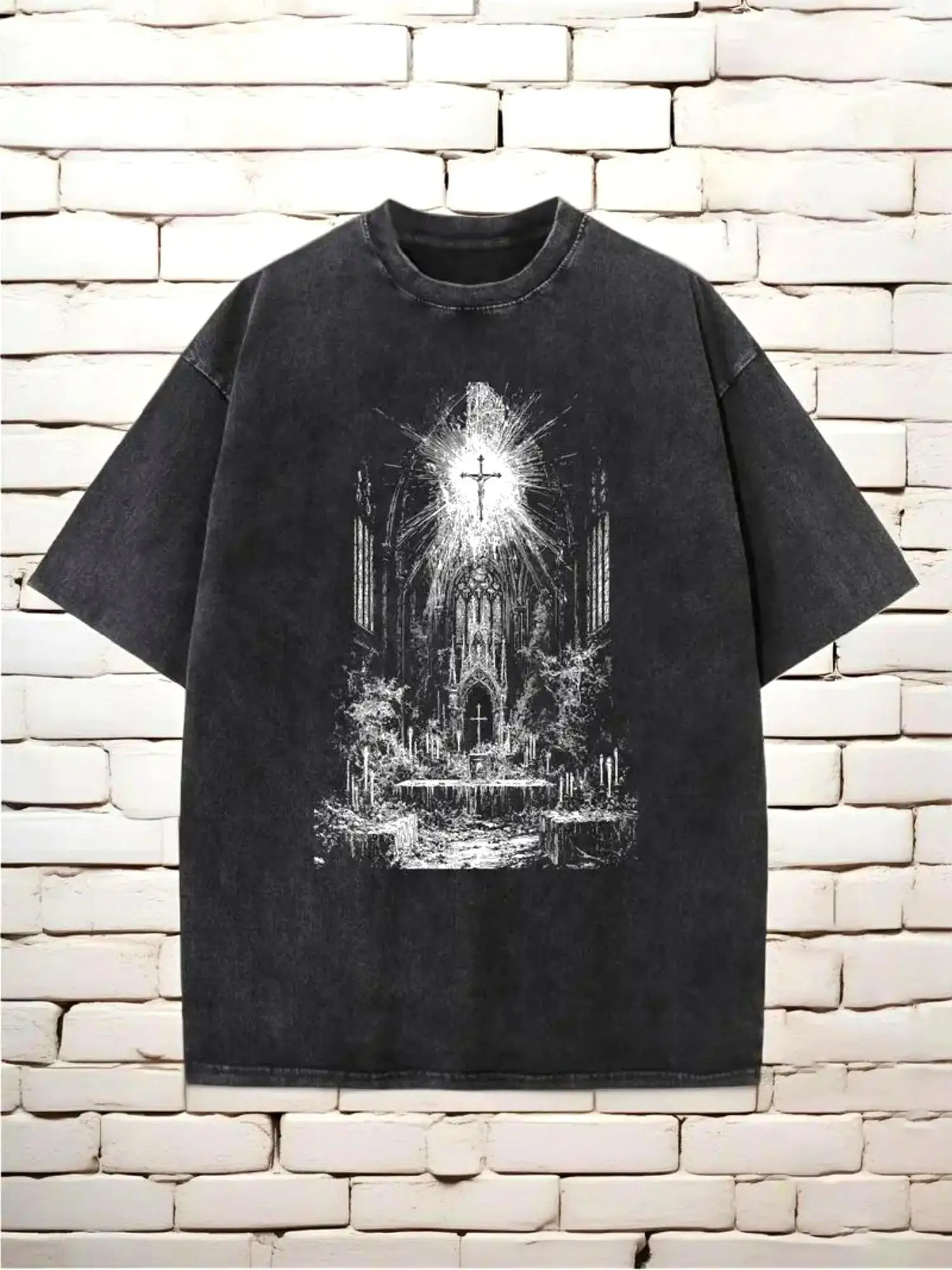 Washable Men's Summer T-Shirt, Featuring a Cathedral and Cross Print, High-Quality Quilted Casual T-Shirt, Suitable for All Seasons, Perfect for Streetwear and Outdoor Activities, a Perfect Holiday Gift
