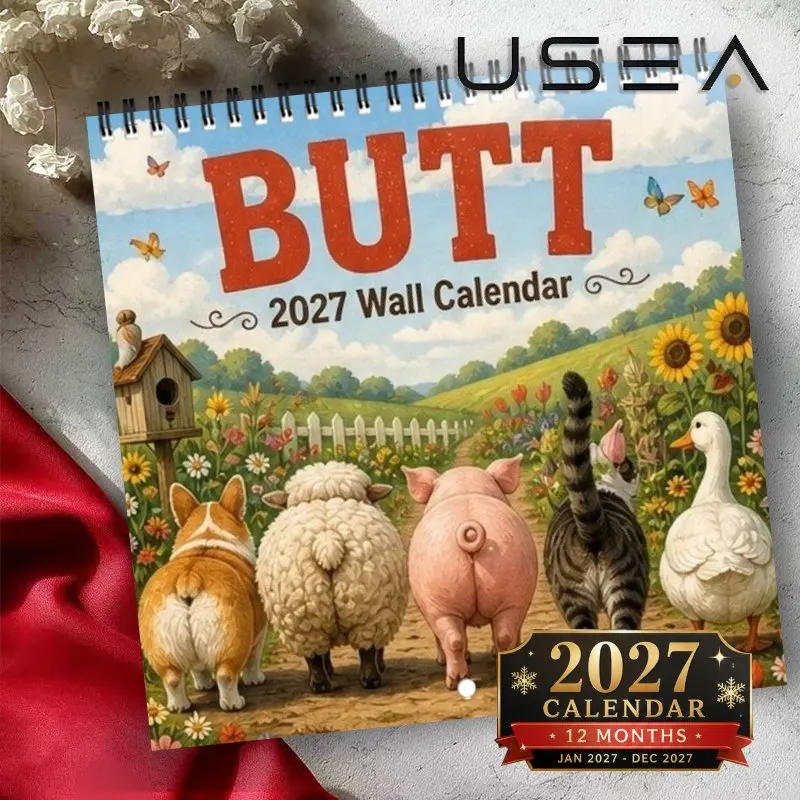 1Pc 2027 Square Wall Calendar, Cute Pet Animal Butt Print Spiral Hanging Monthly Planner 8.3x8.3 Inch Large Writeable Area Jan‑D