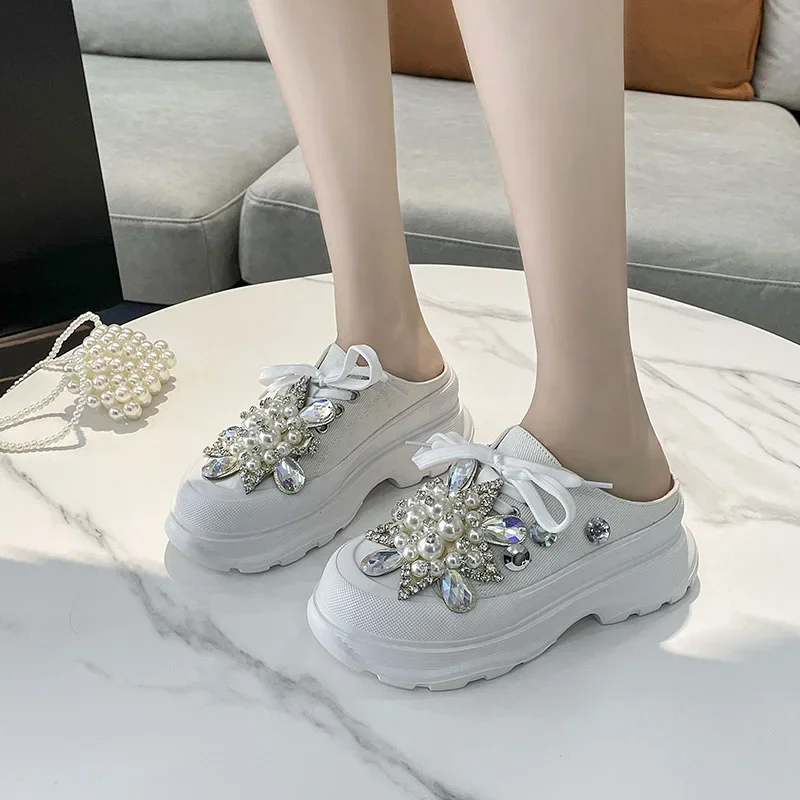 Spring New Women Sneakers Slipper Designer Platform Mules Flat Sandal Sweet Casual Lace Up Pearl Crystal Shallow Ladies Shoes